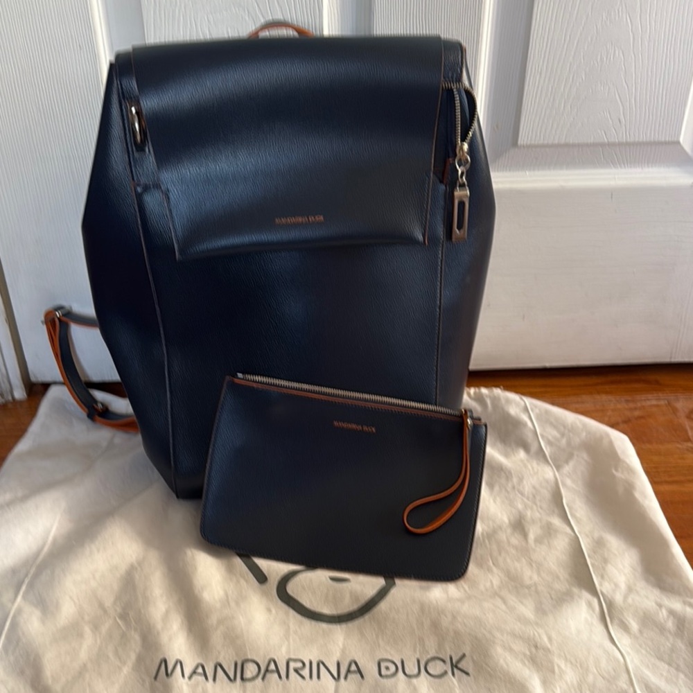 Navy Blue leather Minimalist Backpack with Structured Shape